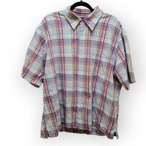 Lands End Mens XL Blue Red Plaid Short Sleeve Cotton Seersucker Button Down